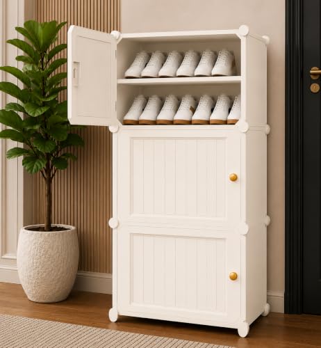 Image of Mevigo Plastic Shoe Rack for Home with Door | 9 Tier Stackable Shoe Organizer | Holds 18-Pairs |Waterproof & Dustproof | DIY Modular Shoe Cabinet |Chappal Slipper Stand (White-Hv2, 6- Layer)