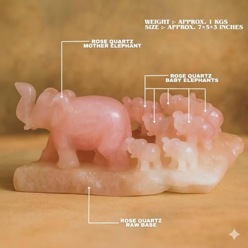 Image of Rose Quartz Elephant Family Figurine | 1000 g Natural Rose Quartz Showpiece | Feng Shui Symbol of Love, Strength & Harmony | Collectible, Luxurious Decor for Home & Office