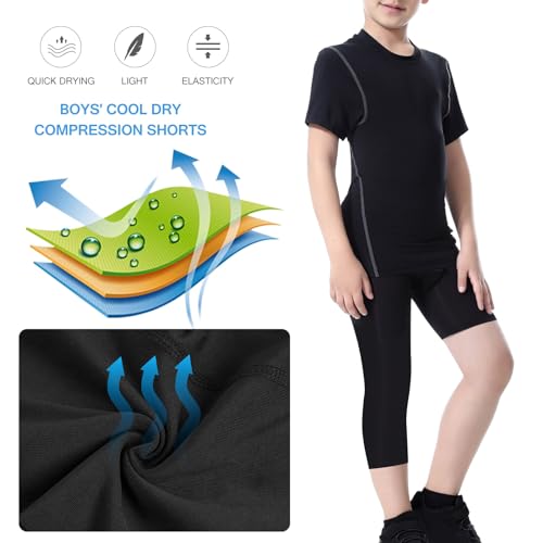 Hotfiary 2 Pack Boys One Leg Compression Pants for Basketball Youth Athletic Tights 3/4 Leggings Active Base Layer 6-15 Years2