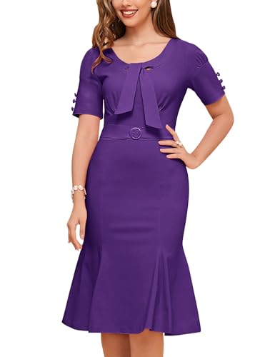 Image of MUXXN Women's Vintage 1950s Midi Crew Neck Short Sleeve Party Cocktail Work Casual Bodycon Dress