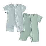 Merqwadd Baby Boy Girl 2 Pack Romper Short Sleeve Zipper Jumpsuit Plain Summer Clothes (Striped&Green,0-3 Months)