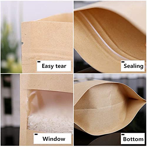 Acidea 100Pcs Stand up Kraft Paper Bag Pouch with Zip Lock and Transparent Window for Storing Food, Nuts, Seeds, Beans, Tea Leaves, Coffee, Candy, Snack, Dried Fruits 16*23CM / 6.2*9IN by Acidea - Used condition - Image 5
