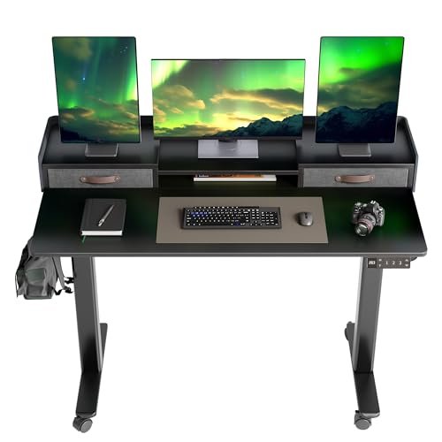 Image of Claiks Standing Desk with Drawers & Wheels, 2 Height Shelf 55inch Black