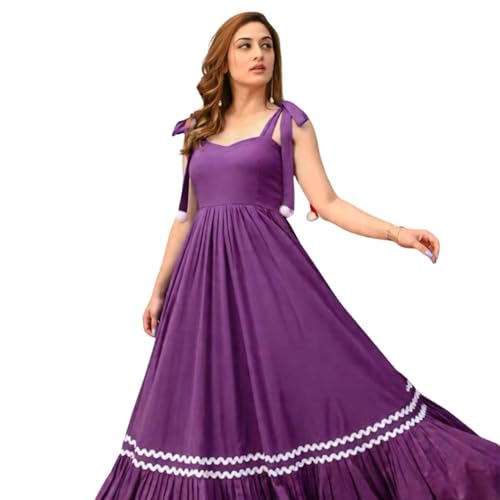Image of Women's Elegant Long Maxi Gown with Shoulder Ribbon Tie-Up, Stylish & Trendy - Fit and Flare Sleeveless Square Neckline Western Dress, Casual Dress for Women