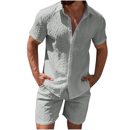 Mens 2 Piece Outfits Summer Fashion Casual Beach Vacation Button down Short Sleeve Solid Shirt with Shorts Lounge Set
