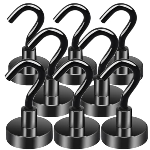 MIN CI 8pcs Black Magnetic Hooks - Heavy Duty 35lbs, Neodymium Strong Magnets with Hooks, for Cruise Cabins, Fridge, Kitchen, Workplace