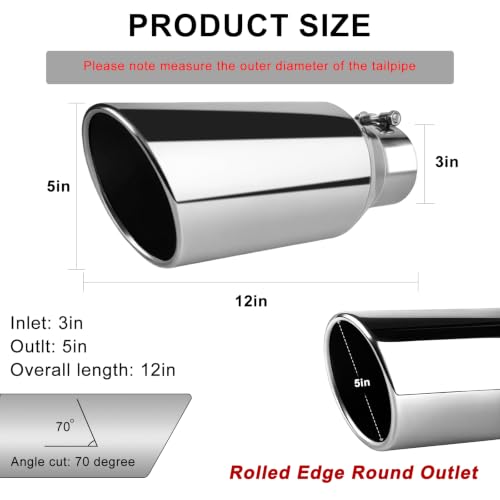 Image of Stainless Steel Exhaust Tip, 3 inch Inlet 5 inch Outlet 12 inch Length Bolt-On