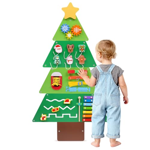 Wooden Tree Montessori Wall Busy Board, Sensory Wall Panel for Kids, Toddler Interactive Learning Toy Activity Center Christmas Playroom Decor, Ideal for Homeschool Classroom Nursery Waiting Room