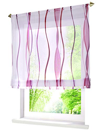 BAILEY JO 1Pc Store Romain Transparent Passe Tringle LxH/100x140cm avec Impression Vague Violet Rideau Voilage Décoration de Fenêtre Cover