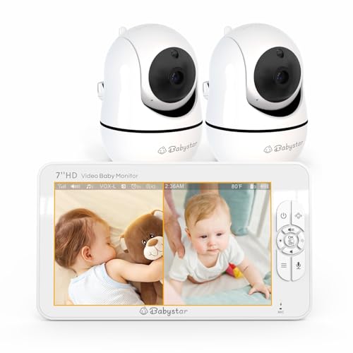 Image of Babystar Baby Monitor with 2 Cameras, Upgraded 7" 1080P HD Split Screen Baby Monitor No WiFi,Video Baby Monitor with Camera and Audio, 4000mAh, 2 Way Audio, Auto Night Vision,Remote PTZ,Lullabies