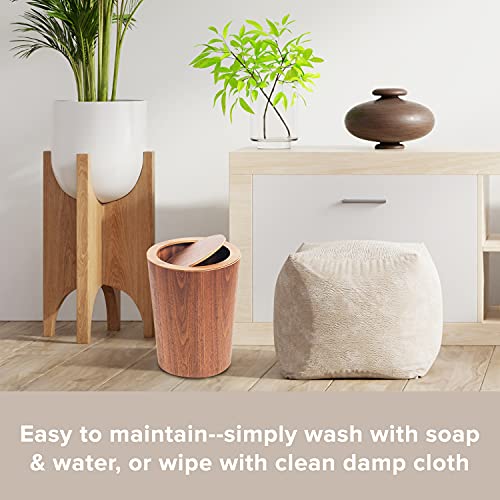 Image of Modern Round Trash Can with Lid - Wood Grain Waste Basket in Walnut - 9.25 inchx7.5 inchx11.8 inch Swing Top Small Trash Can - Decorative Small Garbage Can for Bedroom, Living Room, Office & Bathroom