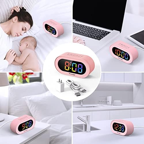 REACHER Pink Girls Alarm Clock, Dimmable Colorful LED Digital Display, USB Phone Charger Port, Simple Operation for Kids, Adults, Adjustable Volume, Snooze, Small Size for Bedrooms, Bedside, Desk