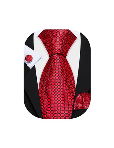 Barry.Wang Men Tie Set Plaid Red Black Silk Necktie Handkerchief Cufflinks Formal Wedding Party Business