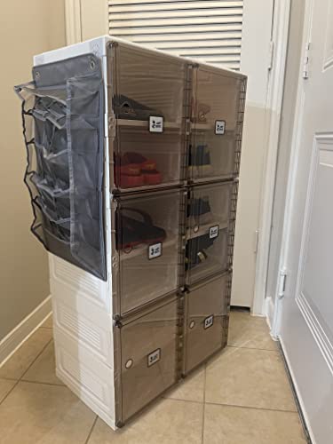 Foldable Shoe Rack Cabinet Organizer With Pocket And Storage, Portable Shoe Rack For Entry Way, Shoe Boxes, Fast Easy Assemble Shoe Cabinet, One Piece Sturdy Plastic Shelf, Clear Brown Doors, 6 Tiers #TOP7