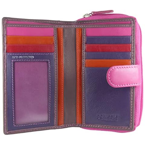 Ladies Multi-Coloured Leather Purse with RFID Protection for 7 Cards, Notes and Coins (Purple Multi) Cover