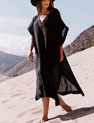 Bsubseach Black Long Half Sleeve Beach Kaftan Dress Women Casual V Neck Side Slit Swimwear Bikini Cover Up