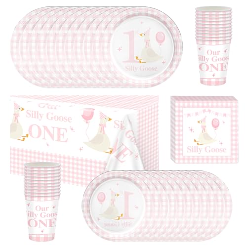 Silly Goose - Vaisselle de fête rose sur le thème d'un an - Pour anniversaire de fille - Comprend assiettes, tasses, serviettes et nappes pour 20 anniversaires