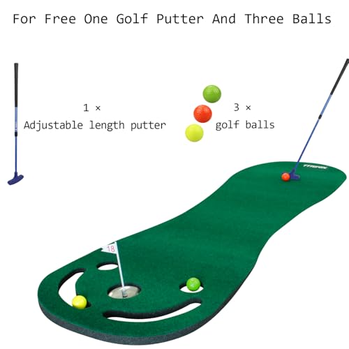 Image of KOFULL Putting Green Mats Set - Indoor /Outdoor Golf Putting Practice or Golf Game with 78 inch x 24 inch Putting Mat, Adjustable Putter, 3 Balls, Training Aid Cup & Flags