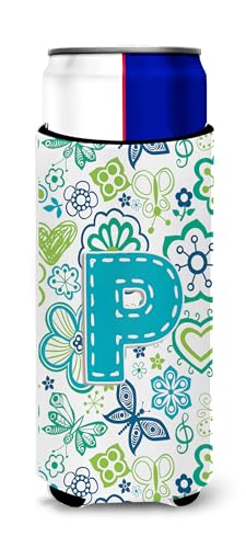 Letter P Flowers and Butterflies Teal Blue Ultra Beverage Insulators for slim cans CJ2006-PMUK