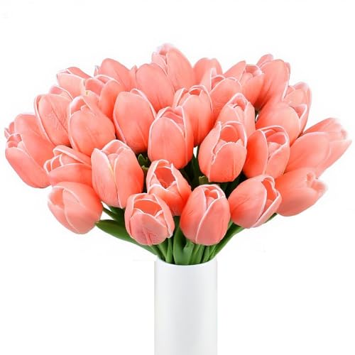 XIANNVXI Pack of 15 Champagne Tulips Artificial Like Real 14 Inch Real Touch Latex Artificial Tulips Fake Artificial Flowers Bouquets Arrangement for Wedding Bouquet Party Room Decor