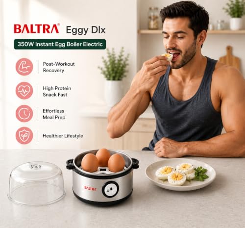 Image of BALTRA Eggy Dlx 350W Instant Egg Boiler Electric | Boils 7 Eggs at Once | 3 Boiling Modes | Stainless Steel Body with Poaching Tray & Heating Plate | Auto Power Off for Safe and Convenient Cooking