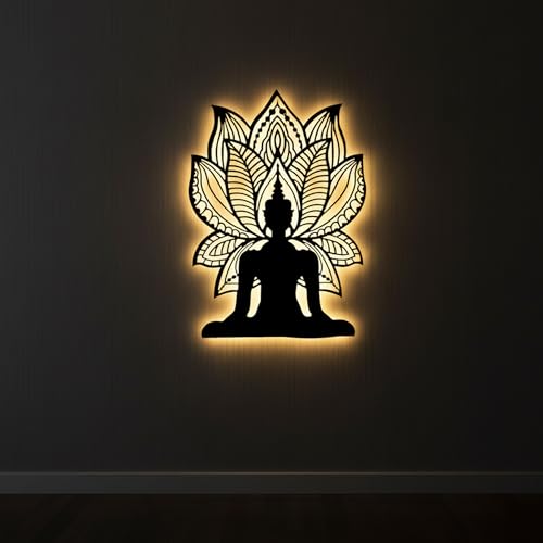 Image of METSY Mild Steel Black powercoated LED Buddha Wall Art with Lotus Design - Spiritual Metal Wall Decor for Home, Meditation Room & Office(91.5x65) CM
