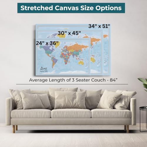 Image of Blue Oceans World Map with Pins - Personalized Travel Tracker - Modern Frameless Canvas Wall Art - Gallery Wrap - 30 inch x 45 inch
