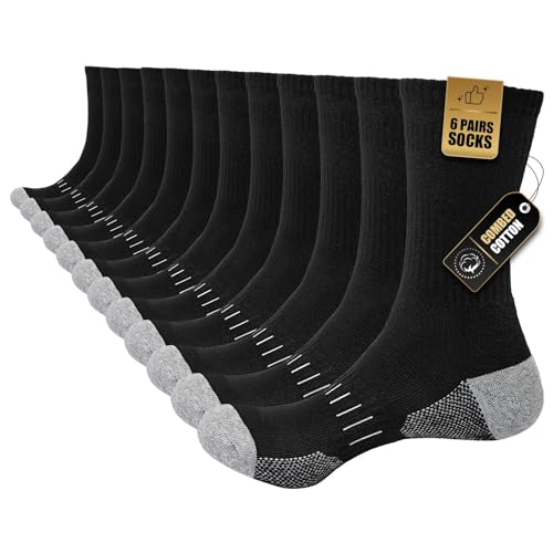 Stoeury Calcetines Deporte Acolchados Hombre Mujer, 6 Pares Calcetines de Senderismo Sin Costuras, Calcetines Algodón Transpirables y Antiampollas, Ideales para Trabajo, Running, 6 Pares,Negro,43-46
