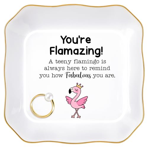 Titanape Valentine's Day Flamingo Jewellery Dish Gift for Her, Ceramic Trinket Tray Unique Inspirational Christmas Birthday Gifts for Friend, Girl, Sister, Wife, You're Flamazing Gifts for Women