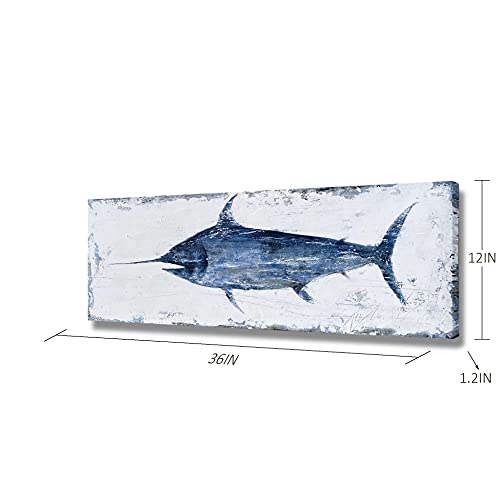 BATRENDY ARTS Swordfish Canvas Wall Art Blue and White Fish Painting Ocean Beach Theme Picture Hand Painted Nautical Costal Marine Animal Artwork Print for Bathroom Bedroom Framed - Image 3