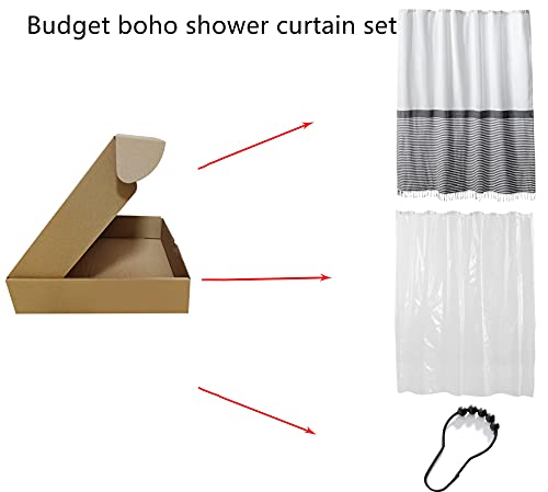 Emsty 78 Inch Long Modern Farmhouse Turkish Shower Curtain, Liner & Hooks Set, Charcoal Gray And White Boho Tassel Cotton Striped Fabric Bathroom Shower Curtains French Country Cottage Bathroom Decor #TOP1