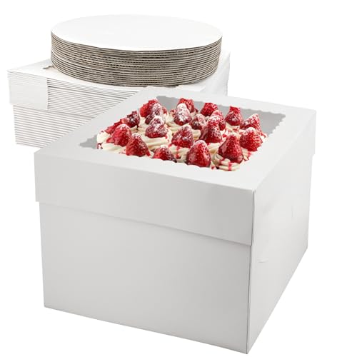 Scettar Lot de 18 boîtes de transport à gâteau blanches avec fenêtre et planches à gâteau rondes - 25 x 25 x 20 cm - Pour gâteaux, cupcakes, fêtes et anniversaires - Boîtes en carton robustes de 350 g