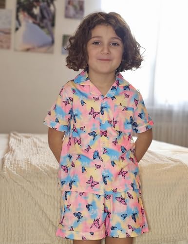 Image of Arshiner Girls Pajamas Sets Short Sleeve Kids Pjs Button Down Sleepwear | Cute Printed Pajamas for Little & Big Girl, Lightweight Comfy Fabric, 2-Piece Outfits, Perfect for Lounge Pajamas Party