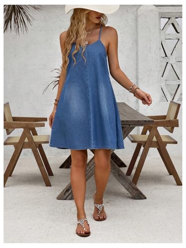 Image of WDIRARA Women's Sleeveless Denim Cami Dress Scoop Neck Mini Dresses with Slant Pockets Blue Large