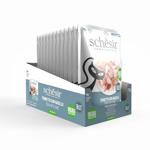 Schesir, Thunfischfilets mit Seehecht in Gelee, ergänzendes Nassfutter für Katzen, Originalrezept, 100% natürlich, 12 Beutel à 70 g