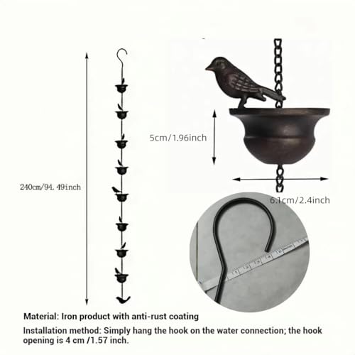 7.9FT (8 Cups) / 9.5FT (10 Cups) / 11.1FT (12 Cups) Rain Chains for Gutters, Rustic Iron Decor with Anti-Rust Coating, Alternative to Traditional Downspouts, Easy to Hang Outside (7.9FT)