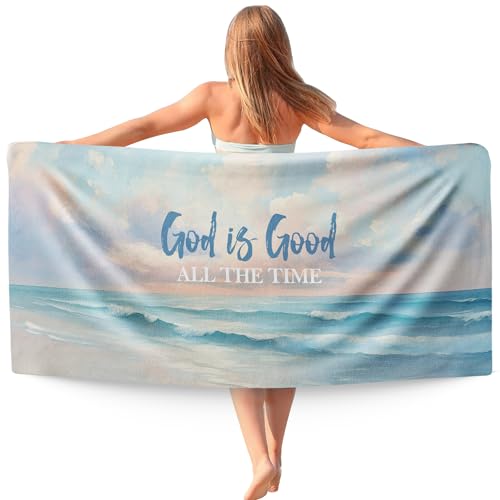 WAITPI Coastal Christian Beach Towel, God is Good All The Time Beach Towels Oversized Gifts for Women, Blue Coastal Ocean Quick Dry Travel Sand Free Towel Decor for Bathroom Swimming Pool 30x60in
