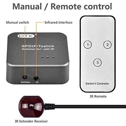 Image of EMK Digital Optical Audio Switcher[3 Inputs to 1 Output] 3x1 Switch with Remote Control, Optical Audio Cable for Home Theater, Sound Bar, TV, PS4, Blu-ray, Xbox