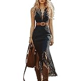 Western Cowgirl Dress for Women Sexy Spaghetti Strap Deep V Neck Vintage Western Mini Dresses Tie Front Lace Trim (Black Lace,Small)