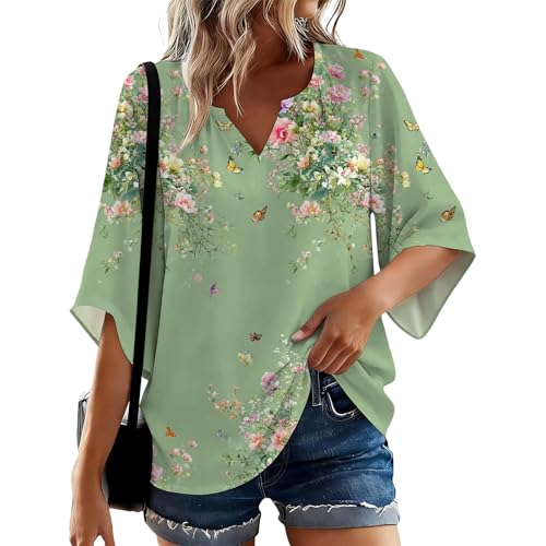 HERCHA Womens V Neck Shirts Elegant Casual Loose Fit 3/4 Bell Sleeve Flowy Blouses Lightweight Soft Comfy Tunic Boho Tops for Work Office Daily Wear Summer Fashion Butterfly Garden Print Tees 2XL
