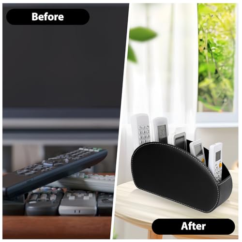 PRITOK Fernbedienungshalter mit 5 Taschen Fernbedienung Halterung PU-Leder Große Halterung für TV, DVD, 4K Stick und Bluray Fernbedienungen, Schreibtisch Organizer für Stifte, Handy