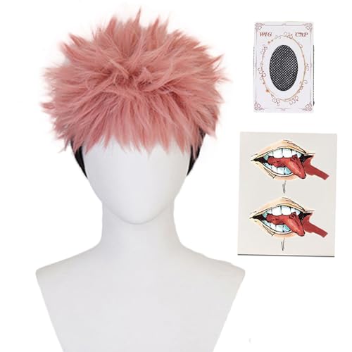 Shqncoh Anime Yuji Itadori Wig and Tattoo Sticker Yuji Wig Cosplay Hair Wig Cap Pink Mixed Black Short Curly Party Halloween Props Accessory for adult