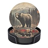 Rustic Lodge Bear Moose Deer Exquisite Drink Coasters with Holder,Waterproof Coasters Set of 6,Pu Leather Coasters for Man,Woman,Kids,4 Inches