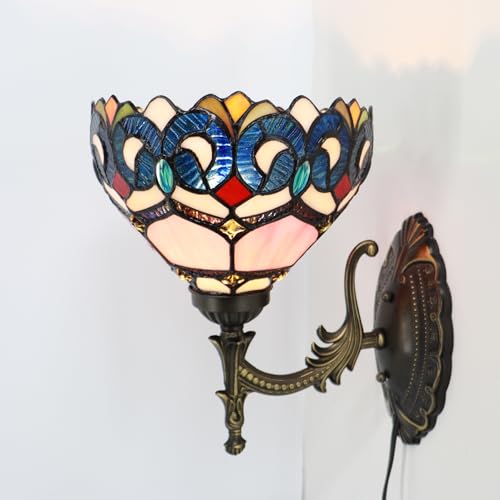 Image of Stained Glass Wall Sconce Plug in Wall Bedside Light Stained Glass Wall Lamp 8X10.5X11 Inch for Hallway Stairway Bedroom (Pink Baroque Style)