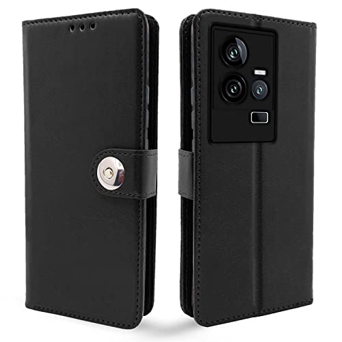 Image of Pikkme iQOO 11 5G Flip Cover Leather Finish | Inside TPU with Card Pockets | Wallet Stand and Shock Proof | Complete Protection Button Flip Case (Black)