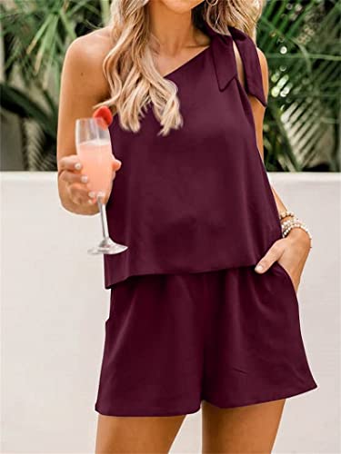 Two Piece Sets for Women Dressy Elegant Summer Outfits One Shoulder Tops Tie Knot & Lightweight Shorts with Pockets2