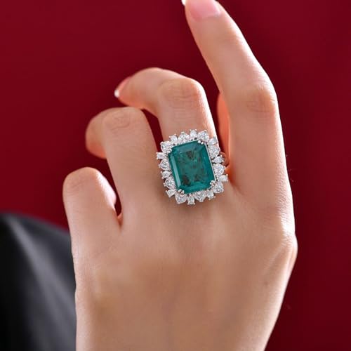 4/9 Carat Rectangular Natural Green Emerald Rings in 14K Solid Gold over S925,with Moissanite Halo, Engagement Promise Band for Women Ladies 5