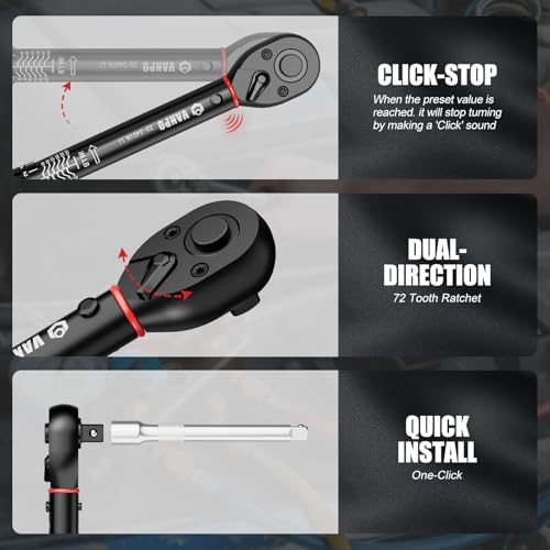Image of VANPO Torque Wrench Set, 1 /4 inch 3 /8 inch 1 /2 inch Drive, for Bike, Motorcycle, Car | 20-240 In.lb, 5-45 Ft.lb, 10-170 Ft.lb with 3 Adapters,±3% Accuracy, Click Torque Wrenches, 72-Tooth,Dual Scale,Storage Case