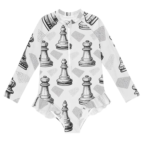 Girls One Piece Swimsuits Long Sleeve Swimsuit Zipper Bathing Suits White Chess Pattern