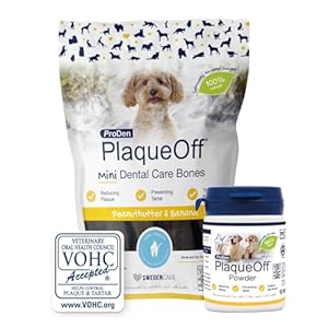 ProDen PlaqueOff Powder for Dogs & Cats, Tartar & Bad Breath Remover with 100% Natural Teeth Plaque Remover (60g Powder with Peanut Butter Mini Bones (Bundle)